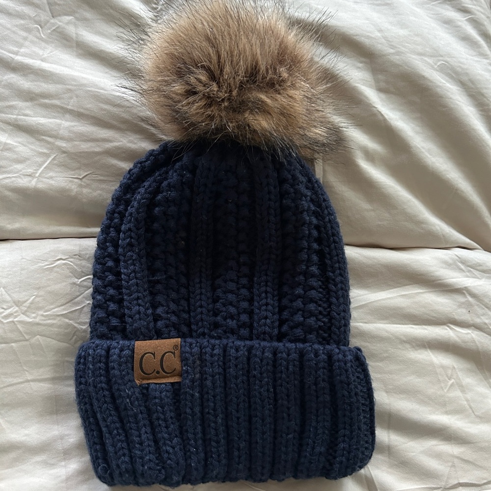 C.C Blue and Brown Knit Beanie with Pom-Pom